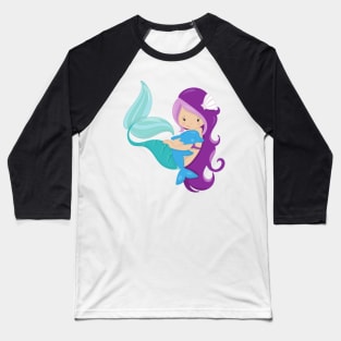 Cute Mermaid, Little Mermaid, Purple Hair, Dolphin Baseball T-Shirt